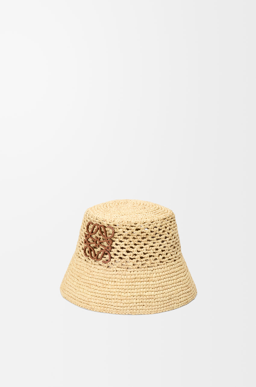 Anagram bucket hat in raffia and calfskin